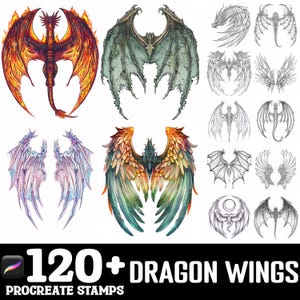Può includere: Arte digitale con una collezione di design di ali di drago in vari stili e colori. Le ali variano dall'arancione e rosso fuoco ai blu e verdi freddi, con illustrazioni dettagliate. Il testo in basso recita "120+ DRAGON WINGS PROCREATE STAMPS."