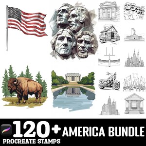May include: A set of 120+ digital stamps featuring American icons, including the American flag, Mount Rushmore, the Lincoln Memorial, a bison, and a motorcycle. The stamps are designed for use in the Procreate app.