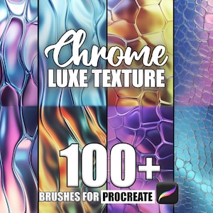 Puede incluir: Una ilustración digital de más de 100 pinceles de textura cromada de lujo para Procreate. La imagen muestra una variedad de patrones iridiscentes, metálicos y texturizados.