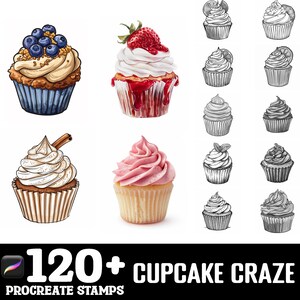May include: A set of 120+ cupcake themed digital stamps for Procreate. The stamps feature various cupcake designs, including vanilla, strawberry, and chocolate cupcakes, with different toppings and decorations. The stamps are perfect for creating custom cupcake designs, adding a touch of sweetness to your digital art.