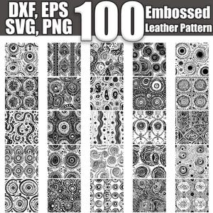 May include: A set of 25 black and white digital download patterns featuring embossed leather designs. The patterns are arranged in a grid of five rows and five columns. The patterns are all different, but they all have a similar style, with a lot of circles and dots. The patterns are perfect for use in scrapbooking, card making, and other crafts.
