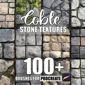 May include: A collection of 100+ digital brushes for Procreate, featuring various cobblestone textures. The brushes are designed to create realistic stone surfaces for digital art and design projects.