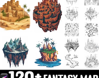 May include: A set of 120+ fantasy map Procreate stamps featuring various islands, castles, and landscapes. The stamps are in both color and black and white.