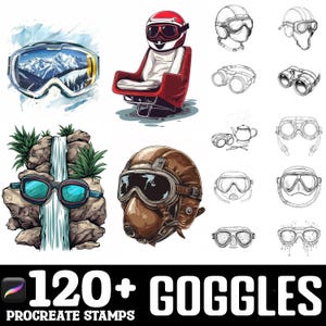 May include: A set of 120+ Procreate stamps featuring various styles of goggles, including ski goggles, aviator goggles, and scuba goggles. The stamps are in black and white line art style.