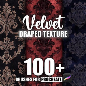 Puede incluir: Una ilustración digital de tres texturas de terciopelo diferentes en negro, rojo y azul. El texto "Velvet Draped Texture 100+ Brushes for Procreate" se muestra en la imagen.