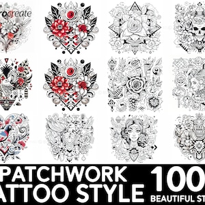 May include: A set of 12 black and white digital stamps featuring a patchwork tattoo style. The stamps include images of flowers, skulls, birds, and other designs. The text "PATCHWORK TATTOO STYLE 100+ BEAUTIFUL STAMPS" is at the bottom of the image.