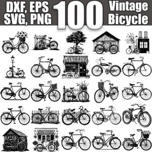 Puede incluir: Una colección de 100 ilustraciones de bicicletas vintage en blanco y negro. Las ilustraciones presentan bicicletas de varios estilos y entornos, incluyendo bicicletas con cestas, bicicletas con flores, bicicletas frente a tiendas y bicicletas frente a casas.