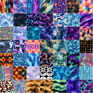 May include: A collage of 36 colorful abstract patterns, including swirling, geometric, and galaxy-like designs. The patterns are arranged in a grid, with each square featuring a different design.