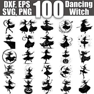 May include: A set of 100 black and white silhouette illustrations of dancing witches. The witches are depicted in various poses, some with brooms, some with stars, and some with pumpkins. The text "Dancing Witch" is at the top of the image.