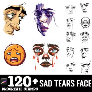May include: A set of 120+ digital stamps featuring sad faces with tears. The stamps are in various styles, including cartoon, realistic, and abstract. The stamps are perfect for adding a touch of sadness to your digital art projects.