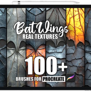 May include: A digital tablet displays a collection of bat wing textures in various colors, including gray, black, and orange. The text "Bat Wings REAL TEXTURES" and "100+ BRUSHES FOR PROCREATE" are overlaid on the image, along with the Procreate app logo.