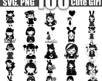 Kawaii süße Mädchen SVG Bundle, Set von 100, sofortiger digitaler Download svg png dxf eps