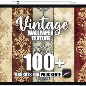 Puede incluir: Una ilustración digital de una pantalla de tableta que muestra un conjunto de más de 100 pinceles de textura de papel tapiz vintage para Procreate. La imagen muestra cuatro patrones de papel tapiz diferentes en tonos de marrón, rojo, gris y beige.