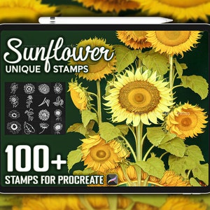 100+ pinceles realistas de sellos de girasol para procrear, sellos únicos de girasol procrear, descarga digital instantánea