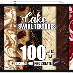 Könnte beinhalten: Ein digitales Tablet zeigt verschiedene Kuchenwirbeltexturen. Der Text lautet "Cake Swirl Textures" und "100+ Brushes for Procreate". Die Texturen umfassen Schokoladen-, Vanille- und Rot-Samt-Kuchen-Designs.