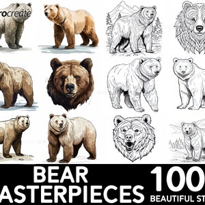 Puede incluir: Una colección de ilustraciones de osos en varios estilos, incluyendo dibujos a color y en blanco y negro. La imagen presenta el texto "Bear Masterpieces" y "100+ Beautiful Stamps", con el logo de Procreate en la esquina superior izquierda.