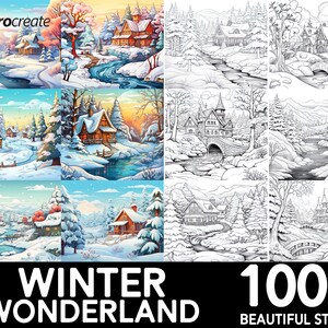May include: A set of 100+ digital stamps featuring winter wonderland scenes. The stamps include images of snow-covered houses, trees, and rivers. The text "Winter Wonderland" and "100+ Beautiful Stamps" are visible in the image.