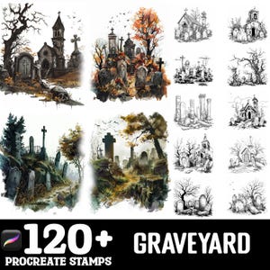 May include: A collection of 120+ Procreate stamps featuring graveyard illustrations. The images showcase various scenes of cemeteries, including tombstones, crosses, and gothic architecture, in both color and black and white.