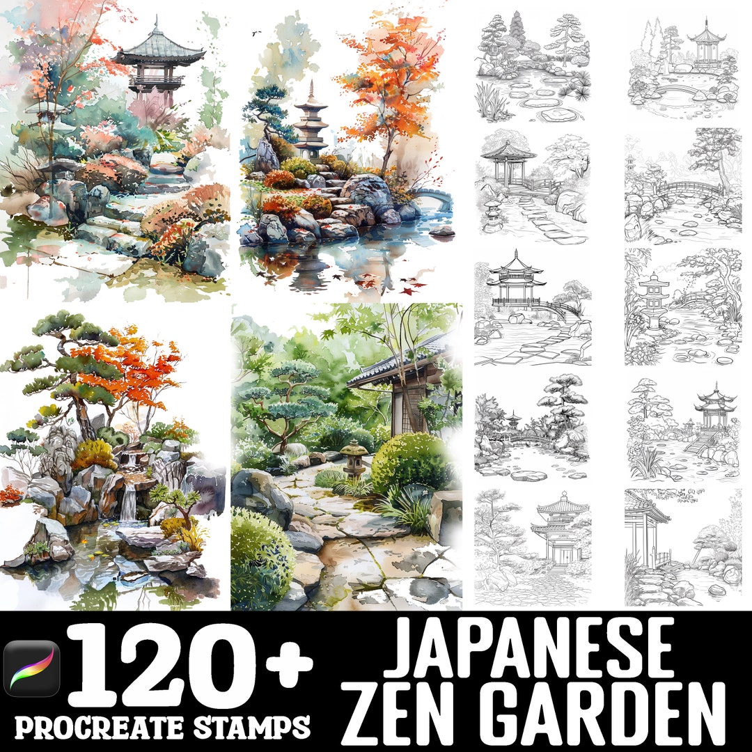 120 Japanese Zen Garden Brush Set | Stamps for Procreate | Instant ...