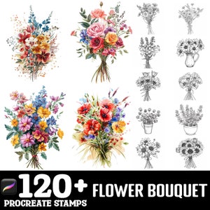 May include: 120+ Flower Bouquet Procreate Stamps. A set of digital stamps featuring watercolor and line art illustrations of various flower bouquets. The bouquets include roses, poppies, daisies, and other wildflowers.