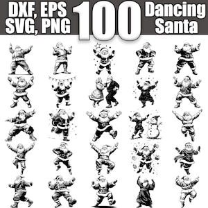Könnte beinhalten: Ein Set mit 100 Schwarzweiß-Illustrationen von tanzenden Weihnachtsmann-Figuren. Die Illustrationen zeigen verschiedene Posen, darunter den Weihnachtsmann, der mit einem Schneemann tanzt, den Weihnachtsmann, der mit einer Frau tanzt, und den Weihnachtsmann, der alleine tanzt.
