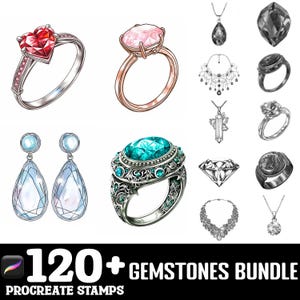 May include: A set of 120+ gemstone illustrations for Procreate. The illustrations include rings, necklaces, earrings, and pendants with various gemstones, including diamonds, emeralds, rubies, and sapphires.