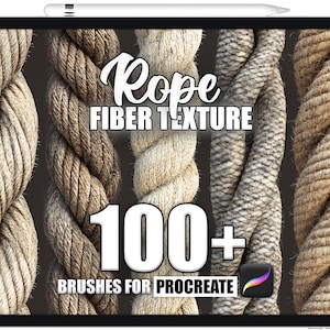Puede incluir: Una ilustración digital de una pantalla de tableta que muestra un conjunto de más de 100 pinceles de textura de fibra de cuerda para Procreate. La imagen muestra cuatro texturas de cuerda diferentes en varios colores y estilos.