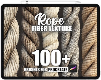 May include: A digital illustration of a tablet screen displaying a set of 100+ rope fiber texture brushes for Procreate. The image shows four different rope textures in various colors and styles.