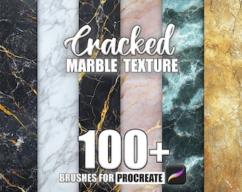May include: A digital download of 100+ cracked marble texture brushes for Procreate. The image shows five different marble textures in black, white, gold, pink, and blue.