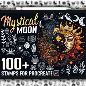 Más de 100 sellos Procreate de luna mística, sellos celestiales, sellos Procreate de brujería, magia y wicca, sellos Procreate de tatuajes, uso comercial incluido