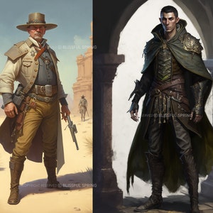 Pu&ograve; includere: Due figure, una con un cappello da cowboy e un duster, l'altra con un mantello con cappuccio e un'armatura di cuoio, si trovano sullo sfondo di un deserto e di un'architettura in pietra.