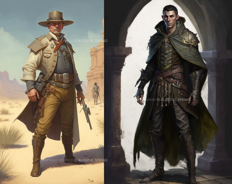 Pu&ograve; includere: Due figure, una con un cappello da cowboy e un duster, l'altra con un mantello con cappuccio e un'armatura di cuoio, si trovano sullo sfondo di un deserto e di un'architettura in pietra.