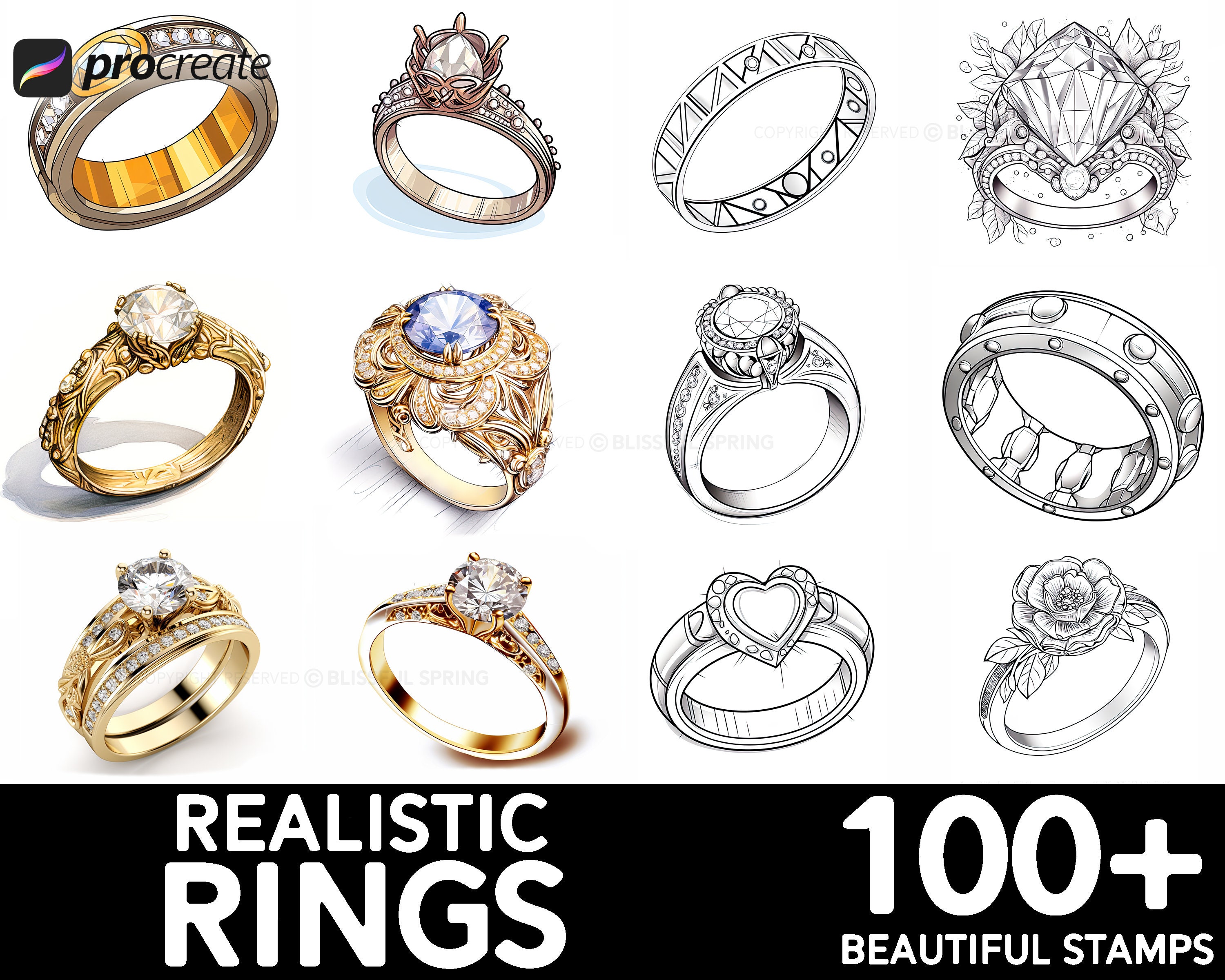100+ Ring Procreate Brush Set – Realistic Ring Stamp Brushes for Jewelry Design (Instant Download)