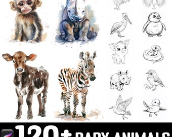 Juego de 120 pinceles de animales bebés / Sellos para Procreate / Descarga digital instantánea