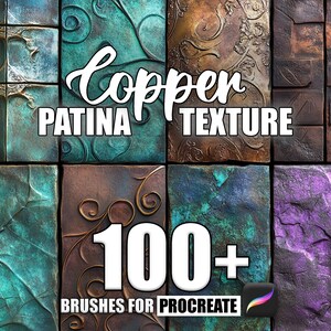 May include: A set of 100+ digital brushes for Procreate, featuring copper patina textures. The brushes are designed to create realistic copper and bronze effects.