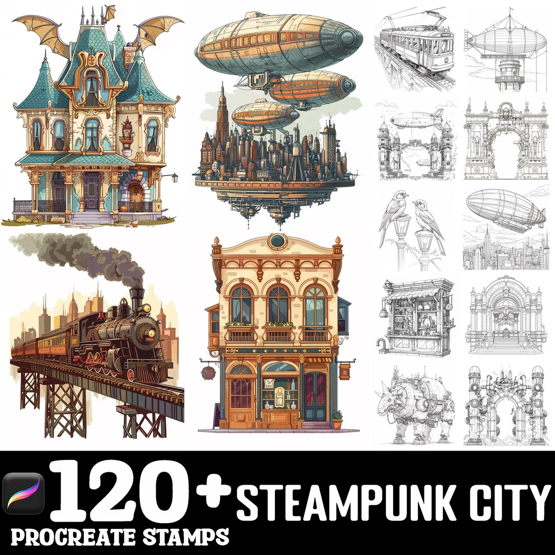 100+ Steampunk City Procreate Brush Set | Procreate Stamp Brushes ...