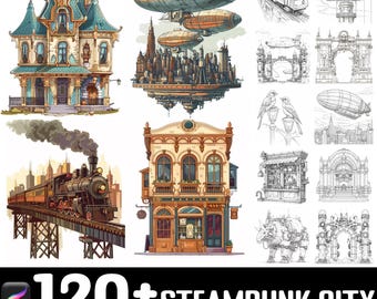 100+ Steampunk City Procreate Brush Set | Procreate Stamp Brushes | Instant Digital Download
