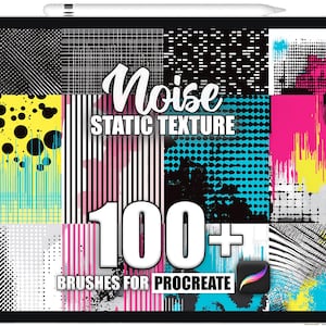 Könnte beinhalten: Ein digitales Tablet zeigt eine Sammlung von über 100 Procreate-Pinseln mit verschiedenen Rausch- und statischen Texturen. Der Bildschirm zeigt ein farbenfrohes Raster von Mustern, einschließlich Punkten, Linien und Pinselstrichen, mit den Worten "Noise Static Texture" und "Brushes for Procreate".