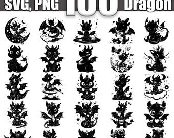 May include: A set of 25 black and white silhouette images of cute cartoon dragons in various poses. The images are perfect for crafting, scrapbooking, and other creative projects.