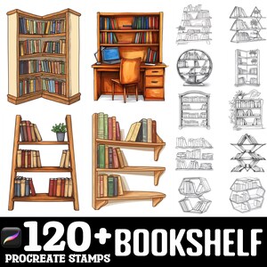May include: A set of 120+ bookshelf illustrations for Procreate. The illustrations include a variety of styles, from simple line drawings to detailed color illustrations. There are also a variety of sizes and shapes, so you can find the perfect bookshelf for your project.