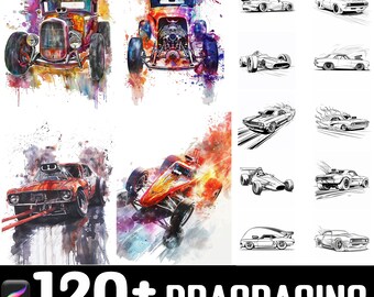 Op de afbeelding: Een set van 120+ Procreate-stempels met dragsters in aquarel- en lijnkunst stijlen. De stempels omvatten een verscheidenheid aan klassieke en moderne dragsters, muscle cars en hot rods.