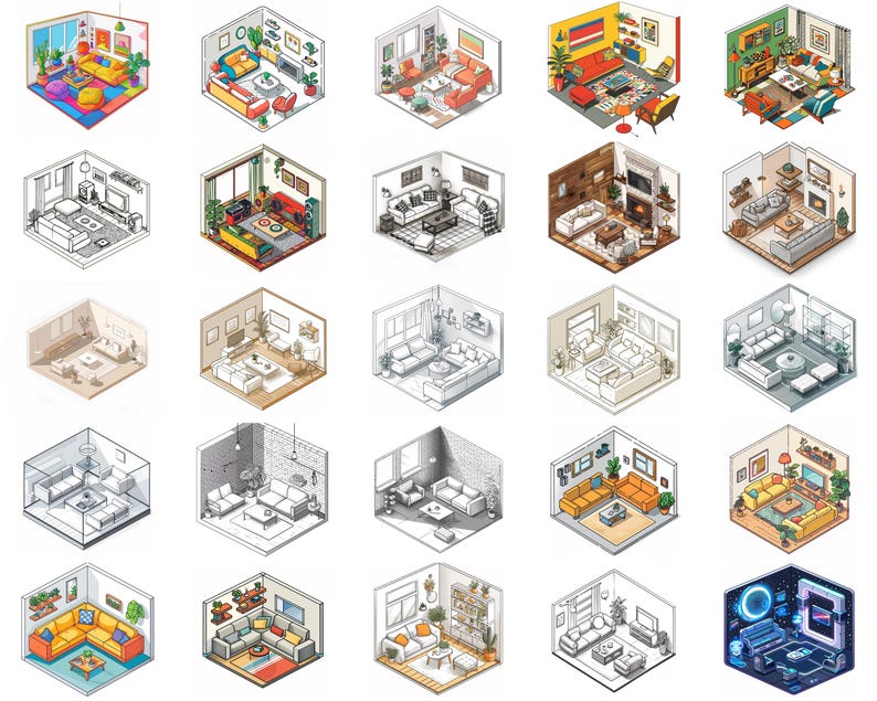 100+ Isometric Living Room Procreate Brush Set | Procreate Stamp ...