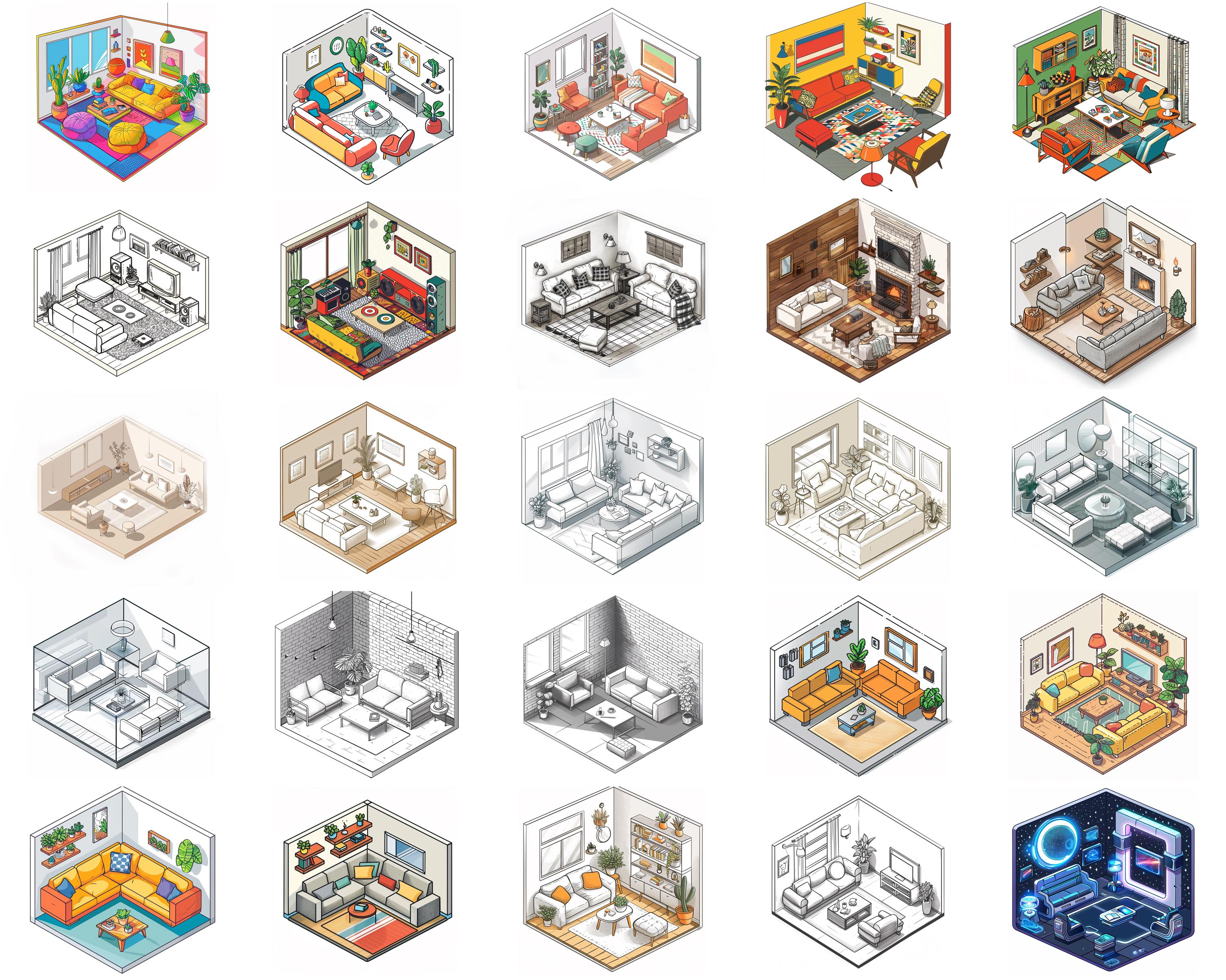 100+ Isometric Living Room Procreate Brush Set | Procreate Stamp ...