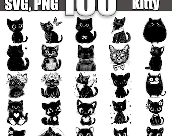 May include: A collection of 100+ black and white silhouette images of cute kawaii kitties in various poses. The images are perfect for crafting, scrapbooking, and digital design projects.