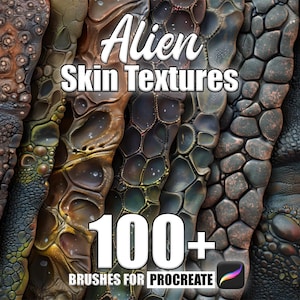 May include: A collection of 100+ alien skin textures for Procreate. The textures feature a variety of colors and patterns, including brown, green, blue, and gray. The textures are perfect for creating realistic alien characters.