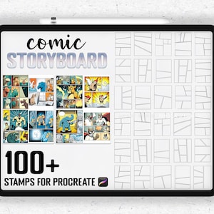 Peut inclure: Une tablette numérique affiche une mise en page de storyboard de bande dessinée avec le texte "comic STORYBOARD" et "100+ STAMPS FOR PROCREATE". L'écran montre des cases de bande dessinée et des exemples d'art de bande dessinée. Un stylet est posé sur le bord supérieur de la tablette.