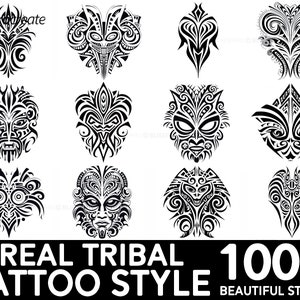 May include: A set of 12 black and white tribal tattoo style stamps. The stamps feature various designs, including geometric patterns, stylized faces, and abstract shapes. The text "REAL TRIBAL TATTOO STYLE 100+ BEAUTIFUL STAMPS" is at the bottom of the image.