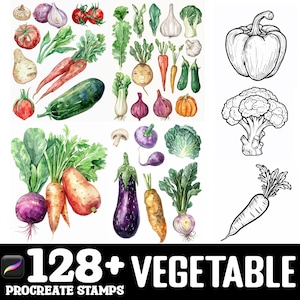 Puede incluir: Un conjunto de más de 128 ilustraciones de verduras en acuarela y de línea. Las ilustraciones incluyen zanahorias, cebollas, ajos, berenjenas, calabacines, brócoli, champiñones y más. Las ilustraciones son perfectas para crear arte digital, scrapbooking y otros proyectos creativos.