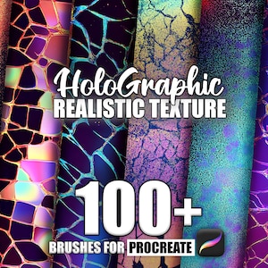 Op de afbeelding: Een set van 100+ holografische realistische textuurpenselen voor Procreate. De penselen hebben een verscheidenheid aan iriserende kleuren en patronen, waaronder gekraakt glas, glitter en folie.