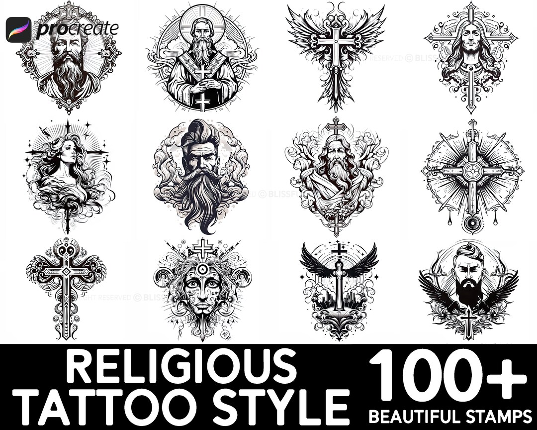 100+ Religious Tattoo Procreate Brush Set | Unique Tattoo Style Stamp ...